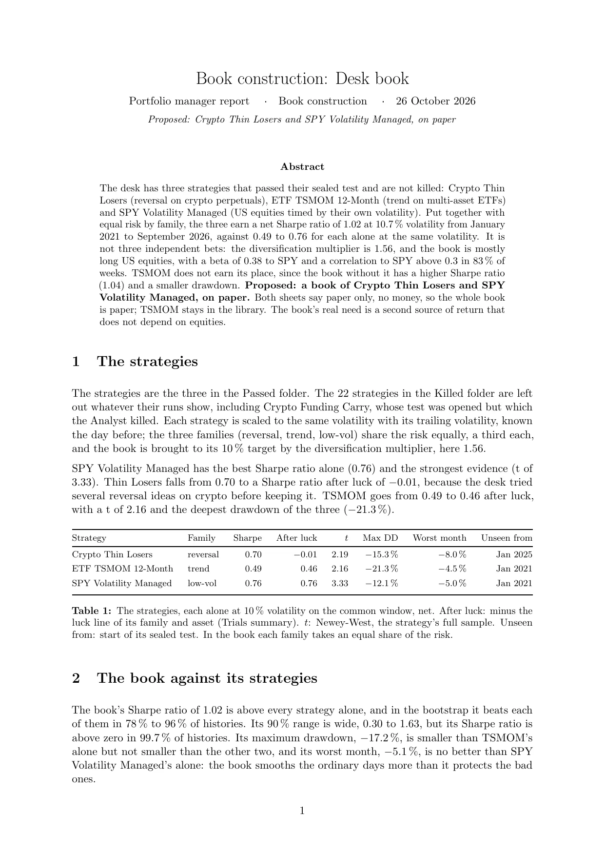 Page 1 of the book construction report written by the portfolio manager agent